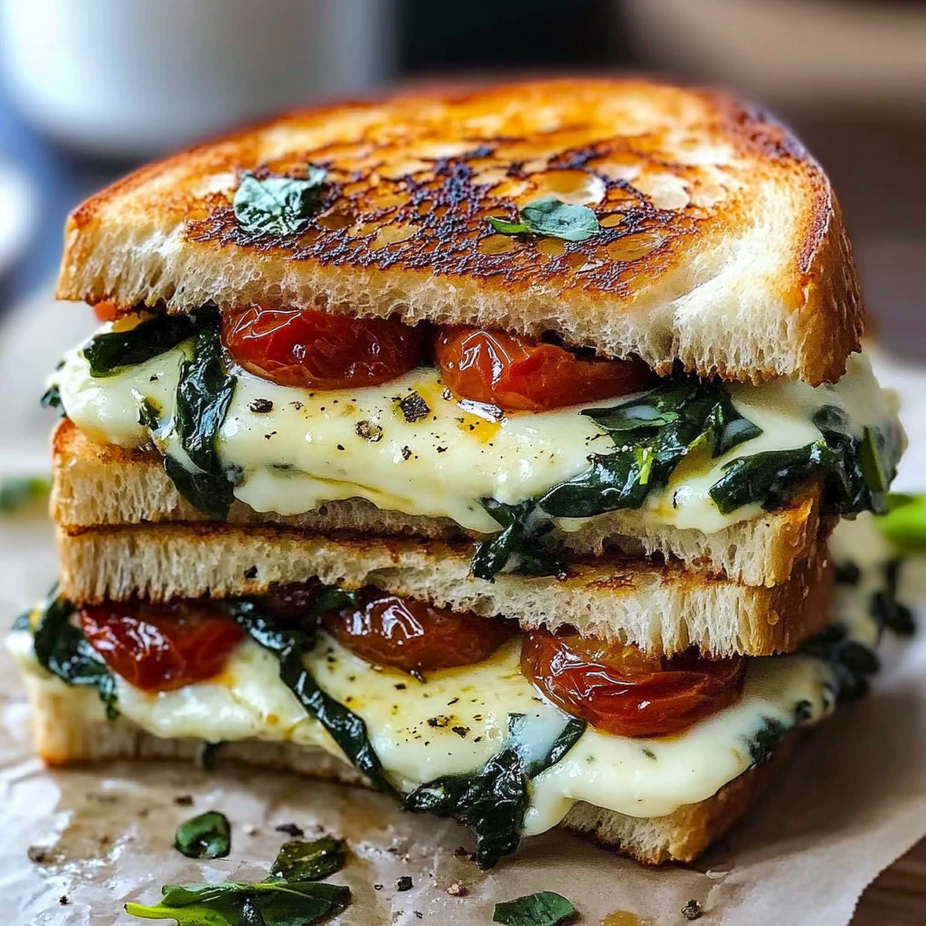 Getoastetes Käse-Sandwich mit getrockneten Tomaten, Spinat und Ricotta